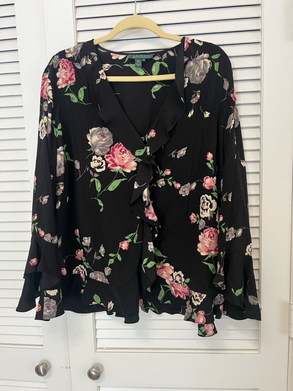 Lauren Ralph Lauren Black Floral Ruffle V-Neck Blouse - Picture 3 of 5